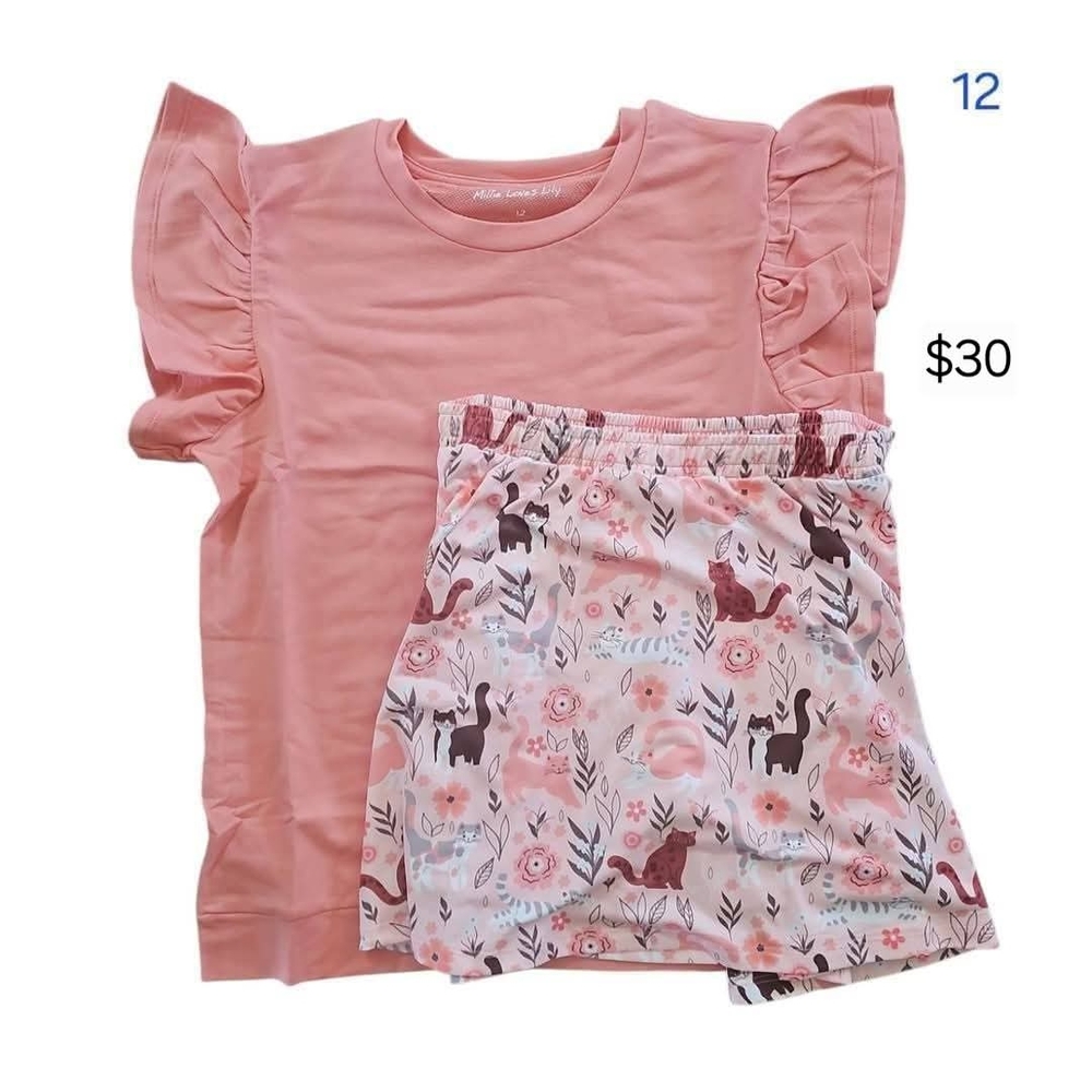 Kids Kitty Pink Ruffle Sleeve Shirt and Floral Skorts Set